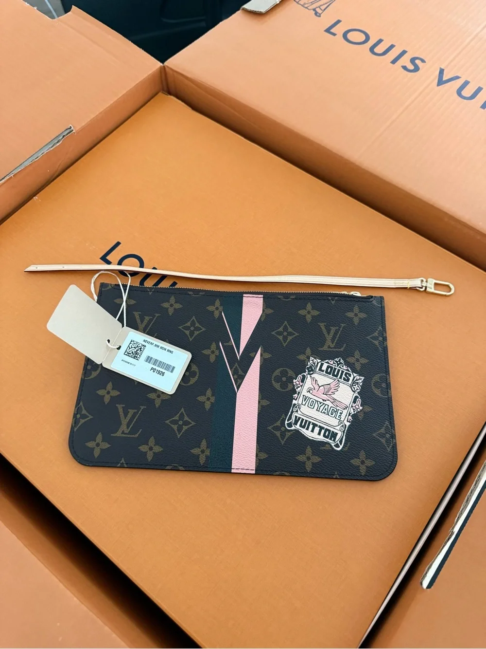 Louis Vuitton Brown Monogram Wristlet with Pink Stripe and Patch